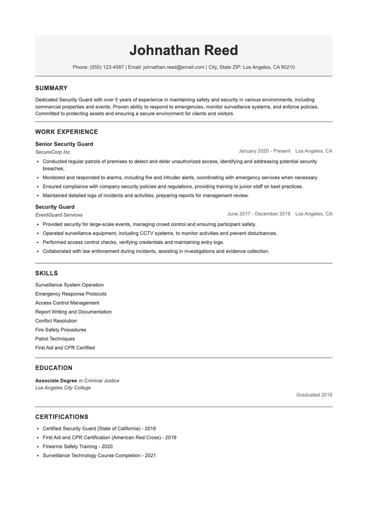 Professional security guard resume with skills summary and work experience_variant_2